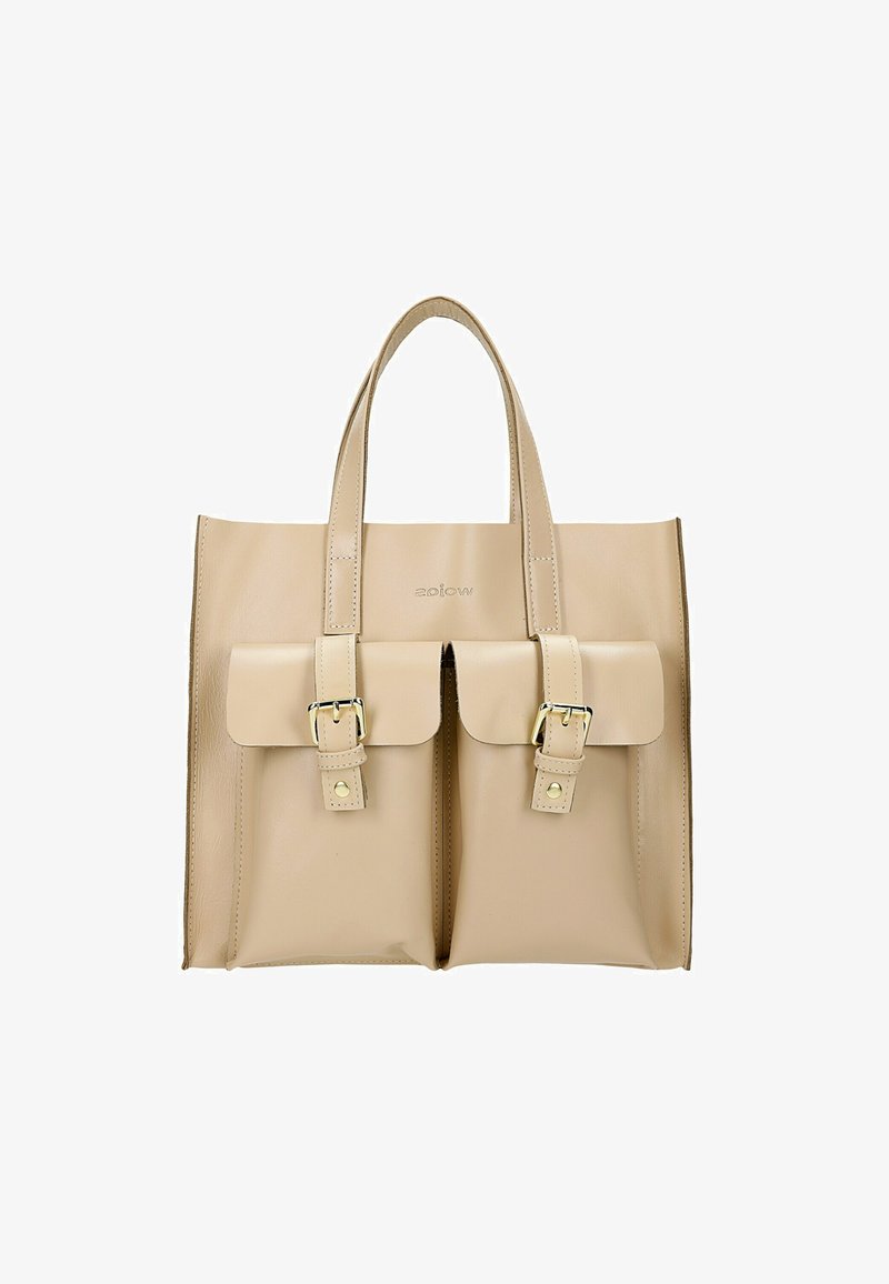 Beige leren tote bag met twee voorkruiden, goudkleurige hardware, dubbele handvatten en een gladde textuur; heeft een minimalistisch ontwerp.