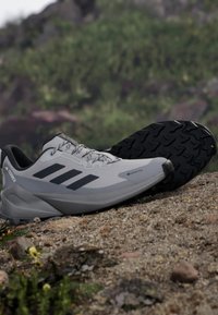 Grijze wandelschoenen gemaakt van Gore-Tex materiaal, met een gestructureerde zool, opvallende zwarte strepen en een rond neusstuk.