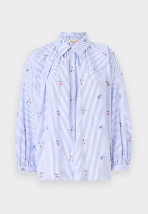 Blue and white striped shirt with floral embroidery, button-front design, long puff sleeves, and a classic collar. Lightweight cotton fabric.