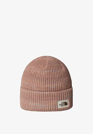 Berretto lavorato a maglia di un morbido rosa con un motivo testurizzato, caratterizzato da un risvolto e da un piccolo patch con logo.