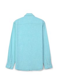 Camicia azzurro chiaro a maniche lunghe con colletto alla francese, tessuto testurizzato e polsini con bottone, presentante una vista posteriore semplice.