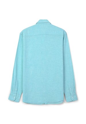 Camicia a maniche lunghe azzurro chiaro, con colletto abbottonato, polsini con un solo bottone e tessuto pulito e strutturato. Visualizzazione dalla parte posteriore.