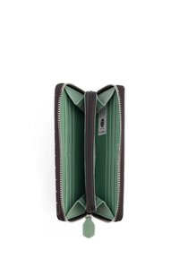 Black leather wallet with a mint green interior, featuring multiple card slots, zippered compartments, and a textured zipper pull.