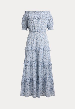 Helehall sinine lillemustriga õlakateta maksikleit rüüstatud kihtidega, elastse kortsuõmblusega vöökohal ja lühikeste volangiliste taskutega varrukatega.