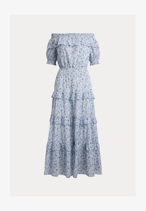 Helehall sinine lillemustriga õlakateta maksikleit rüüstatud kihtidega, elastse kortsuõmblusega vöökohal ja lühikeste volangiliste taskutega varrukatega.