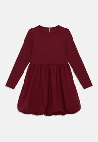 Μακρυμάνικο φόρεμα σε μπορντό χρώμα με εφαρμοστό κορσέ και φουσκωτό φουστάνι. Μαλακό, ελαστικό ύφασμα με λεία υφή και λεπτομέρεια με ραφή στο τελείωμα.