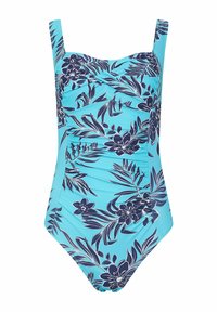 Enbitarbaddräkt i ljusblått med blommigt marinblått mönster, skrynklig design och breda axelband. Slät textur, måttlig täckning.