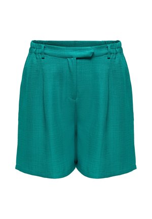 Türkisfarbene Shorts mit hohem Bund, elastischem Bund hinten, Gürtelschlaufen und einem Stoffgürtel vorne.