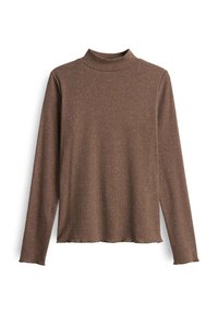 Brauner Langarm-Turtleneck aus strukturiertem Stoff mit einem dezenten gesprenkelten Muster; verfügt über einen engen Kragen und einen geraden Saum.