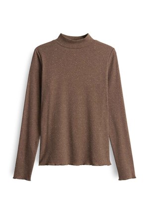 Maglione marrone a maniche lunghe con collo alto, realizzato in tessuto texturizzato con un leggero motivo a macchie; presenta un colletto aderente e un orlo dritto.