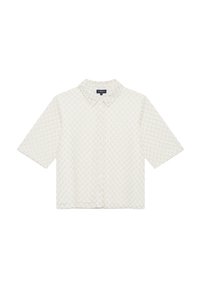 Korte mouwen shirt in crèmekleur met een getextureerd zigzagpatroon, voorzien van een kraag en knoopsluiting aan de voorkant. Zachte stofafwerking.
