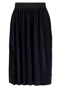Falda midi plisada en azul marino, hecha de material suave con una amplia cintura elástica. Presenta rayas verticales para dar textura y un drapeado uniforme.