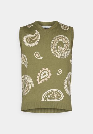 Jersey sin mangas de color verde oliva con cuello en V, con patrones blancos de paisley y bordes acanalados texturizados. Material suave de punto.