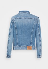 Light blue denim jacket featuring a classic cut, button collar, and a red label patch reading "PEPE JEANS" on the back bottom.