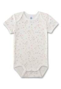 Kurzärmliger Baby-Body aus weichem, cremefarbenem Baumwollstoff, mit einem zarten floralen Muster in Rosa und Grün. Mit Druckknöpfen im Schritt.