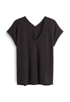 Schwarzes Kurzarm-Stricktop mit tiefem V-Ausschnitt und lockerem Schnitt, dargestellt auf weißem Hintergrund.