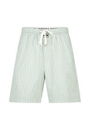 Shorts pour homme de couleur vert clair avec de fines rayures verticales blanches et un cordon blanc à la taille élastique.