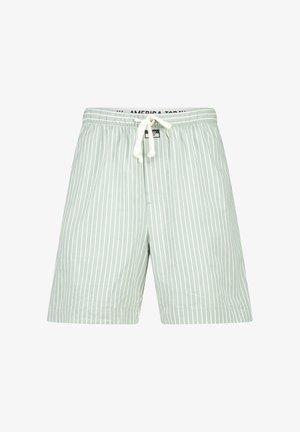 Pantalones cortos para hombre en verde claro con finas rayas verticales blancas y un cordón blanco en la cintura elástica.