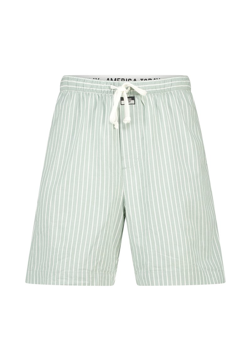 Light green men's shorts with thin white vertical stripes and a white drawstring at the elastic waistband.