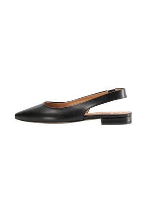 Schwarzer Lederslingback-Flachschuh mit spitzer Zehenpartie und niedrigem Absatz, seitlich vor weißem Hintergrund abgebildet.