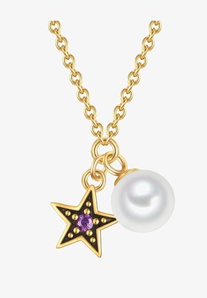 Guld kæde med en stjerne charms med en lilla sten og en stor hvid perle, der viser glatte teksturer og kontrasterende farver.