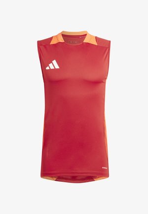 Red sleeveless athletic shirt with orange accents, made of moisture-wicking fabric. Features a white Adidas logo on the front.