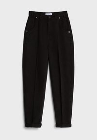 Black denim trousers featuring a high waist, side pockets, and rolled cuffs. The fabric has a smooth, slightly textured finish.
