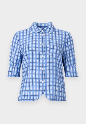 Blue checkered short-sleeve shirt featuring a classic collar, button-down front, and a curved hem, made from a lightweight fabric.