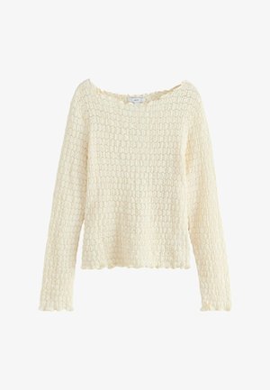 Kremni pleteni pulover z teksturiranim vzorcem, širokim ovratnikom in dolgimi rokavi. Detajl z valovitim robom dodaja zanimanje za zasnovo.