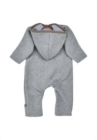 Grau Fleece-Overall mit Kapuze, kariertem Futter, langen Ärmeln und geschlossenem vorderen Reißverschluss aus weichem Material; verfügt über ein Beinöffnungsdesign.