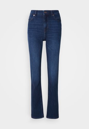 Sötétkék farmernadrág magas derekú kialakítással. Klasszikus, öt zsebes stílus és enyhe harang fazon a szárak alján.