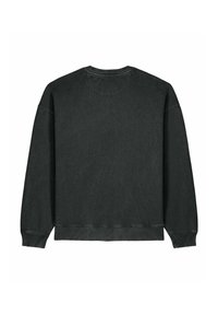 Felpa grigio scuro con scollo rotondo, polsini e orlo a costine, realizzata in tessuto strutturato. La vista posteriore mostra un design semplice e classico.