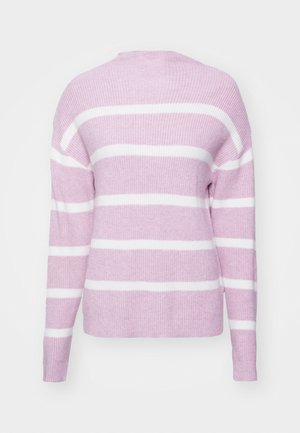 Pink knit sweater with white horizontal stripes, crew neck, relaxed fit, and long sleeves. Soft texture and ribbed detail at hem and cuffs.