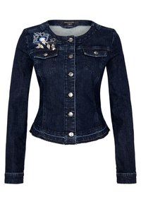 Denim jacket in dark blue with a fitted design, featuring front pockets, silver buttons, and floral embroidery on the left shoulder.