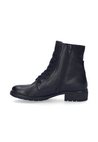 Botines de cuero negro hasta el tobillo con un cordón frontal y cremallera lateral, con un acabado texturizado y un tacón bajo tipo bloque para mayor estabilidad.