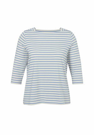 Gestreiftes T-Shirt in Hellblau und Weiß, mit Rundhalsausschnitt, 3/4-Ärmeln und einem weichen Baumwollmischgewebe in lockerer Passform.