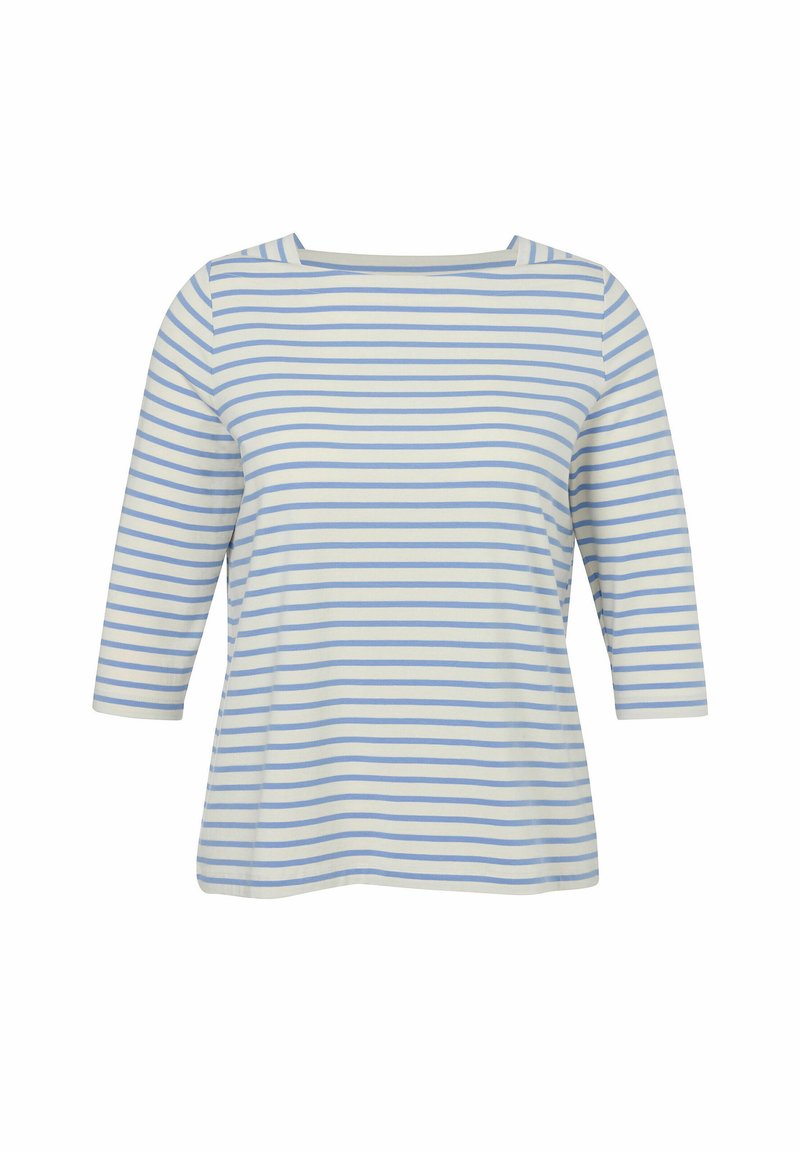 Gestreiftes T-Shirt in Hellblau und Weiß, mit Rundhalsausschnitt, 3/4-Ärmeln und einem weichen Baumwollmischgewebe in lockerer Passform.