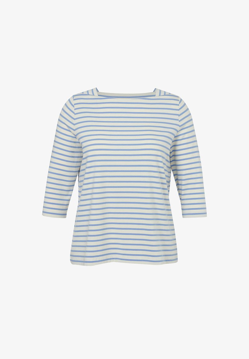 Gestreiftes T-Shirt in Hellblau und Weiß, mit Rundhalsausschnitt, 3/4-Ärmeln und einem weichen Baumwollmischgewebe in lockerer Passform.