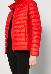 Persona vistiendo una chaqueta acolchada de color rojo brillante sobre una camiseta negra y pantalones negros, de pie contra un fondo claro y liso.