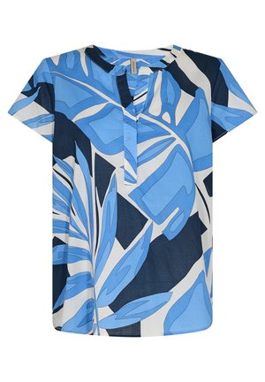 Bluzka z krótkim rękawem z dużymi abstrakcyjnymi niebiesko-białymi wzorami liści oraz okrągłym dekoltem z małym przednim rozcięciem.