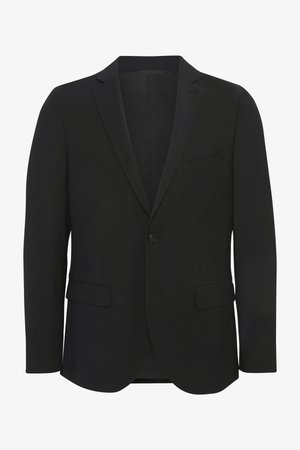 Melnas žaketes, izgatavotas no gludas auduma. Ar izteikta malas, vienu pogu, divām priekšējām kabatām un šauru piegriezumu.