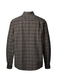 Camisa de manga larga en gris oscuro con un patrón de cuadros en blanco y óxido. Presenta un cuello con botones y puños abotonados.