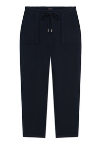 Marineblauwe sweatpants met een tailleband met trekkoord, twee voorzakken en een taps toelopend ontwerp. Gemaakt van zachte, gestructureerde stof.