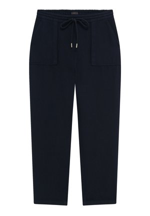 Marineblauwe sweatpants met een tailleband met trekkoord, twee voorzakken en een taps toelopend ontwerp. Gemaakt van zachte, gestructureerde stof.