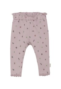 Roze leggings met bloemenprint, ruches op de tailleband, golvende enkelrand, gemaakt van zachte stof, met verschillende kleine bloemontwerpen.