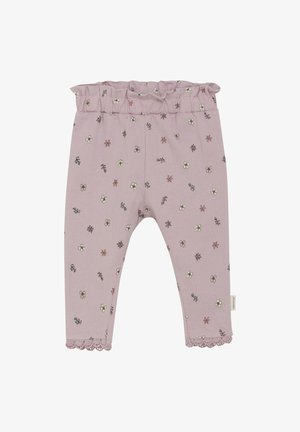 Rosa Leggings mit Blumenmuster, gerafftem Bund, gewelltem Knöchelabschluss, aus weichem Stoff, mit verschiedenen kleinen Blumendesigns.