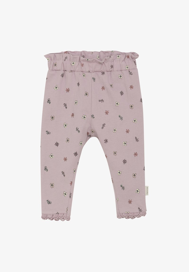 Roze leggings met bloemenprint, ruches op de tailleband, golvende enkelrand, gemaakt van zachte stof, met verschillende kleine bloemontwerpen.