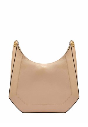 Sac à main en cuir beige avec un dessus incurvé, des boutons dorés et des bordures noires, présentant un logo subtilement embossé au centre.