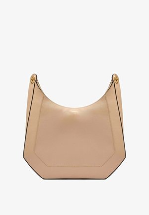 Sac à main en cuir beige avec un dessus incurvé, des boutons dorés et des bordures noires, présentant un logo subtilement embossé au centre.