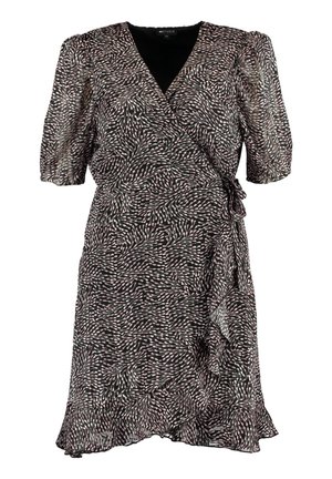 Czarna sukienka kopertowa w różowo-biały abstrakcyjny wzór w kropki, z bufkami, krótkimi rękawami, wiązaniem z boku i falbanianym dołem.